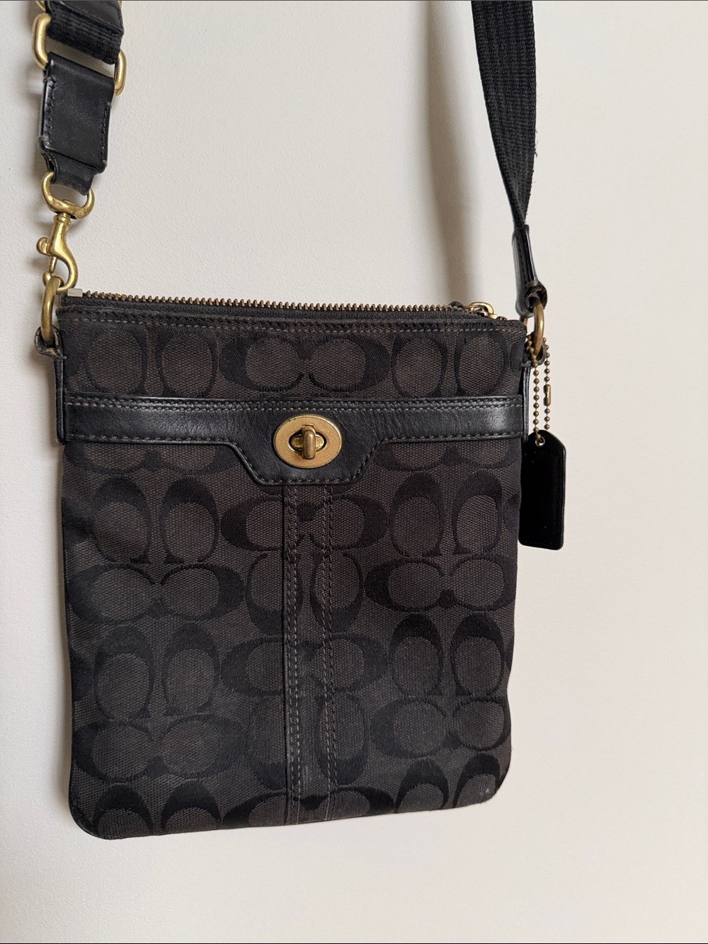 Coach Black Signature Canvas Crossbody with Brass Turnlock